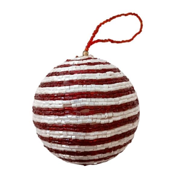 Hand Beaded Christmas Ornament Glass Bugle Beads All Around Red White Vintage. - Picture 10 of 14